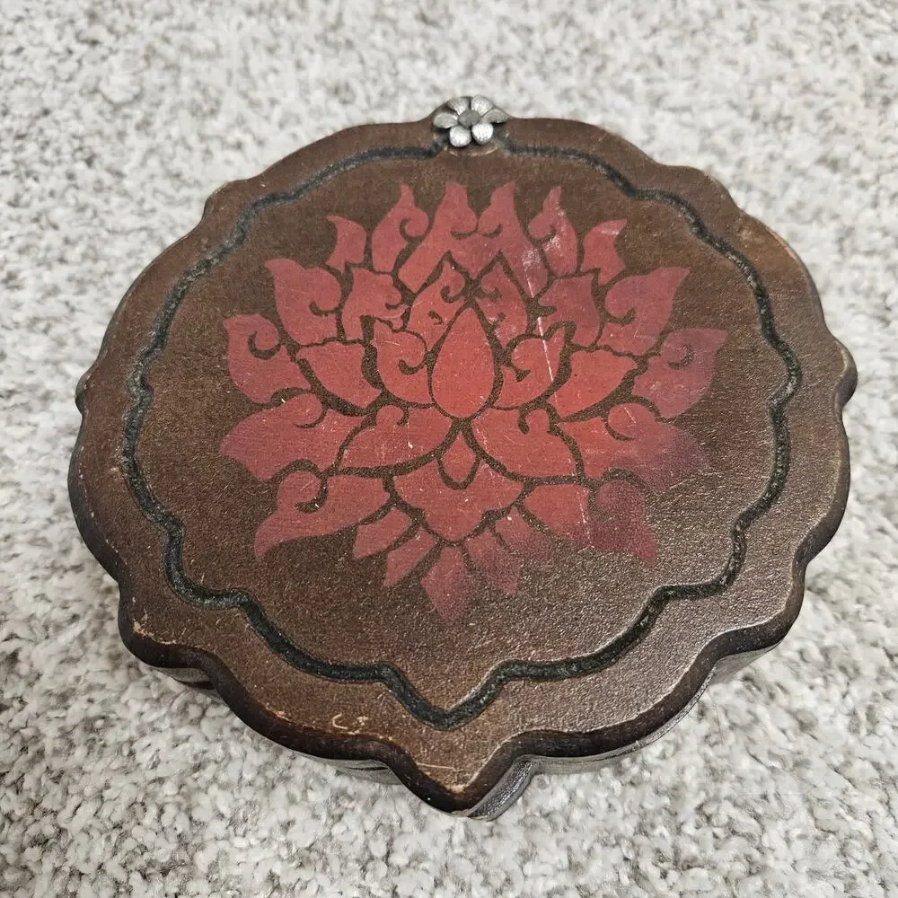 Lucky Brand Wooden Trinket Box Hand Carved Red Floral Boho Jewelry Box India
